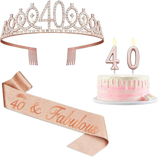 40th Birthday Decoration for Women with Rose Gold Sash, Tiara,Numbers Candles, Sincere 40th Birthday Gifts for Women