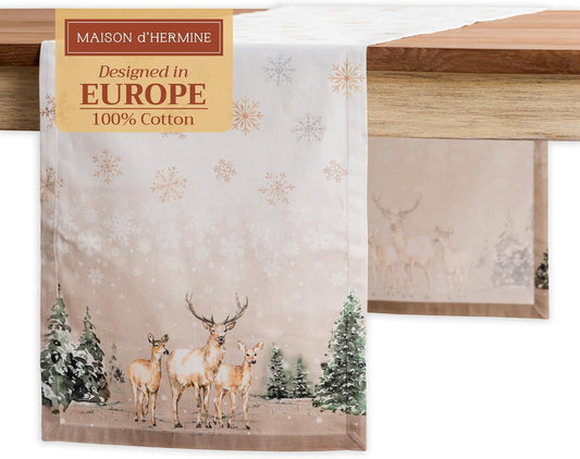 Maison d' Hermine Table Runner 100% Cotton Single Layer Table Runners 72 inches Long for Thanksgiving Christmas Decorations Home Kitchen Dining Party Wedding (Deer in The Woods, 14.5" x 72")