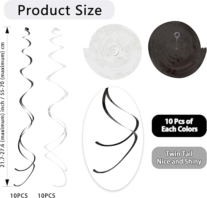 BEISHIDA Black Silver Hanging Swirls Party Decorations Plastic Streamer for Bachelorette Hanging Ornament Decorations, Retirement Wedding Birthday Graduation Party Supplies, Pack of 20