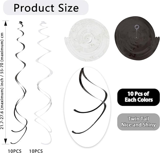 BEISHIDA Black Silver Hanging Swirls Party Decorations Plastic Streamer for Bachelorette Hanging Ornament Decorations, Retirement Wedding Birthday Graduation Party Supplies, Pack of 20