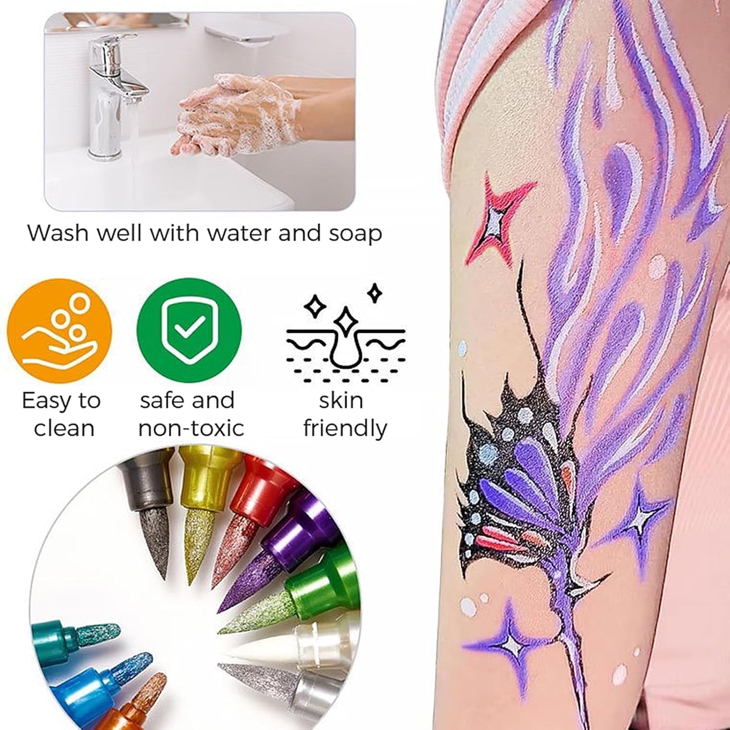 MokasakisoTemporary Tattoo Markers for Skin, 15 Colors Tattoo Pen & 64 Paint Stencils & 5 Tattoos Stickers,washable Temporary Tattoo Kit Glitter & Matte & Neon Glow Body Marker Set for Kids