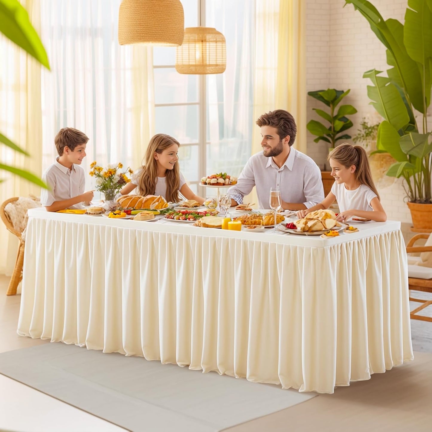 Light Champagne Polyester Table Clothes for 4 Foot Rectangle Tables, Wrinkle Free Fitted Table Cover 4ft Stretch Tablecloths with Skirt for Parties Weddings Birthday Banquet Baby Shower