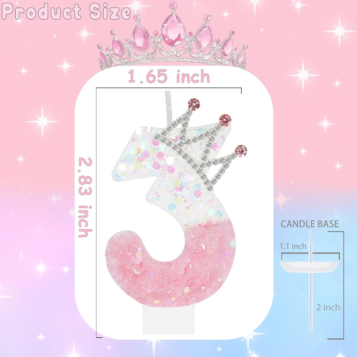 Pink White Number 3 Candle, Glitter Crown Cake Topper, Princess Birthday Party Decorations for Girls and Women Anniversary Celebrations Party Favors