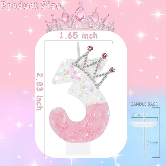 Pink White Number 3 Candle, Glitter Crown Cake Topper, Princess Birthday Party Decorations for Girls and Women Anniversary Celebrations Party Favors