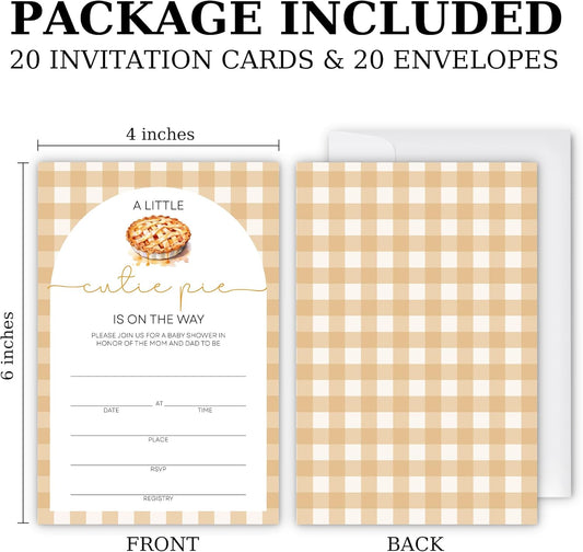 “Cutie Pie” Baby Shower Invitations - Gingham & Pie Design with Envelopes And RSVP Cards - 20Pcs Fill In Baby Shower Party Cards(4 x 6 Inch) (045)