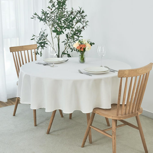 maxmill Round Weaved Texture Design Tablecloth Spill-Proof Wrinkle Free Soft Washable Table Cloth for Circular Table Cover, for Dining Room Buffet Banquet Parties Holiday Dinner, 90 Inch White