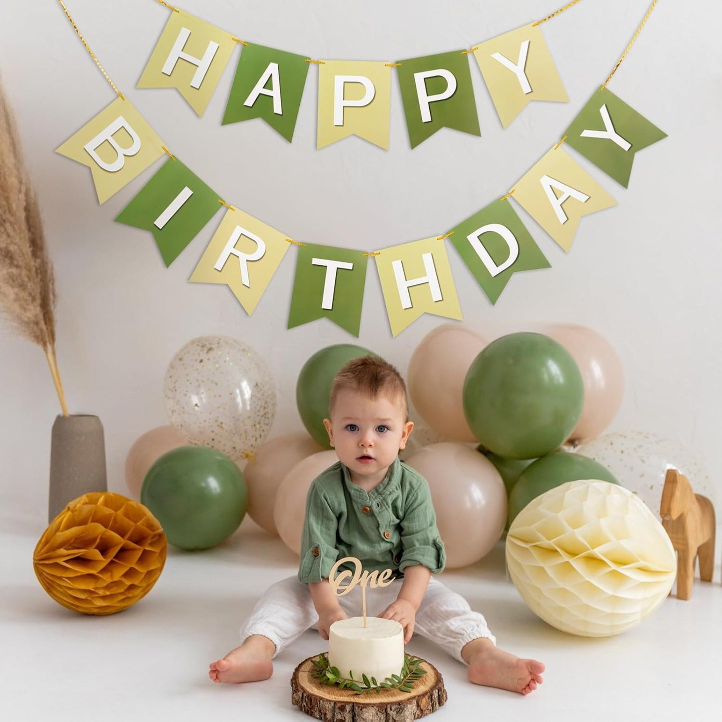 Pre-Strung Green Happy Birthday Banner - NO DIY Birthday Party Banner Sign Decorations for Women Men Girl Boy Party Supplies (Brown Green)