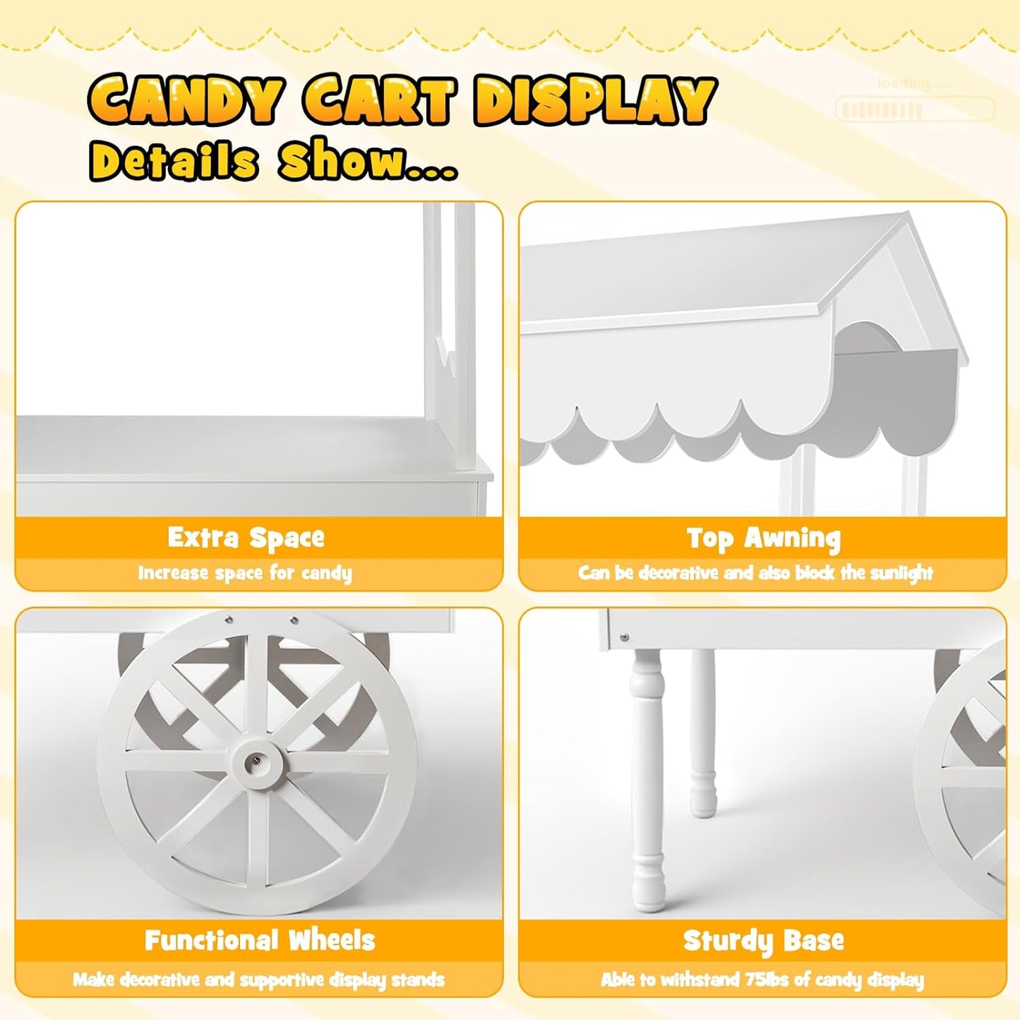 Candy Cart Display Stand for Party, Dessert Cake Cart Stand with Wheels, Vintage Dessert Display Stand Decoration Cart with 100 Balloons, String Light for Parties, Birthdays & Weddings (WHITE)