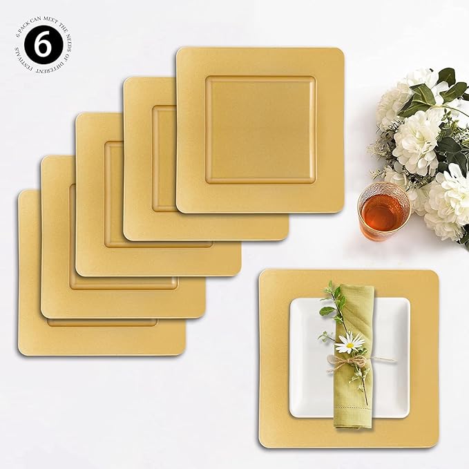 MAONAME Gold Charger Plates, Plastic Plate Chargers Set of 6, 13" Round Chargers for Dinner Plates, Decorative Table Charger for Wedding, Table Setting