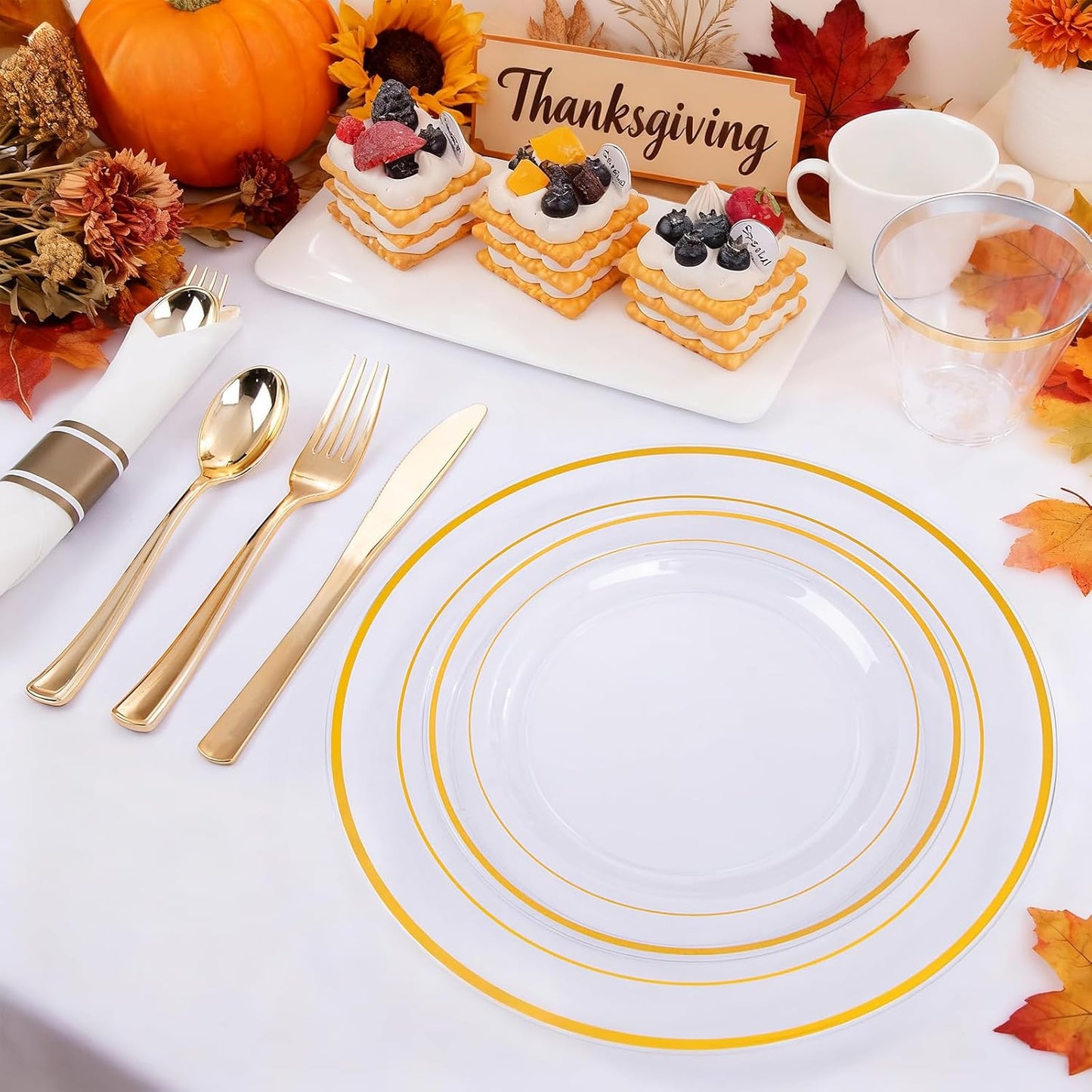 WELLIFE 350PCS Clear-Gold Plastic Plates - 100 Disposable Plates, 150Plastic Silverware, 50 Cups, 50 Napkins for Wedding & Party