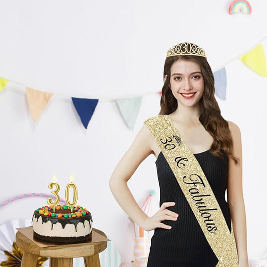 30th Birthday Decorations for Her with 30th Birthday Sash and Crown, Candles Gold, Gifts for 30 Year Old Woman