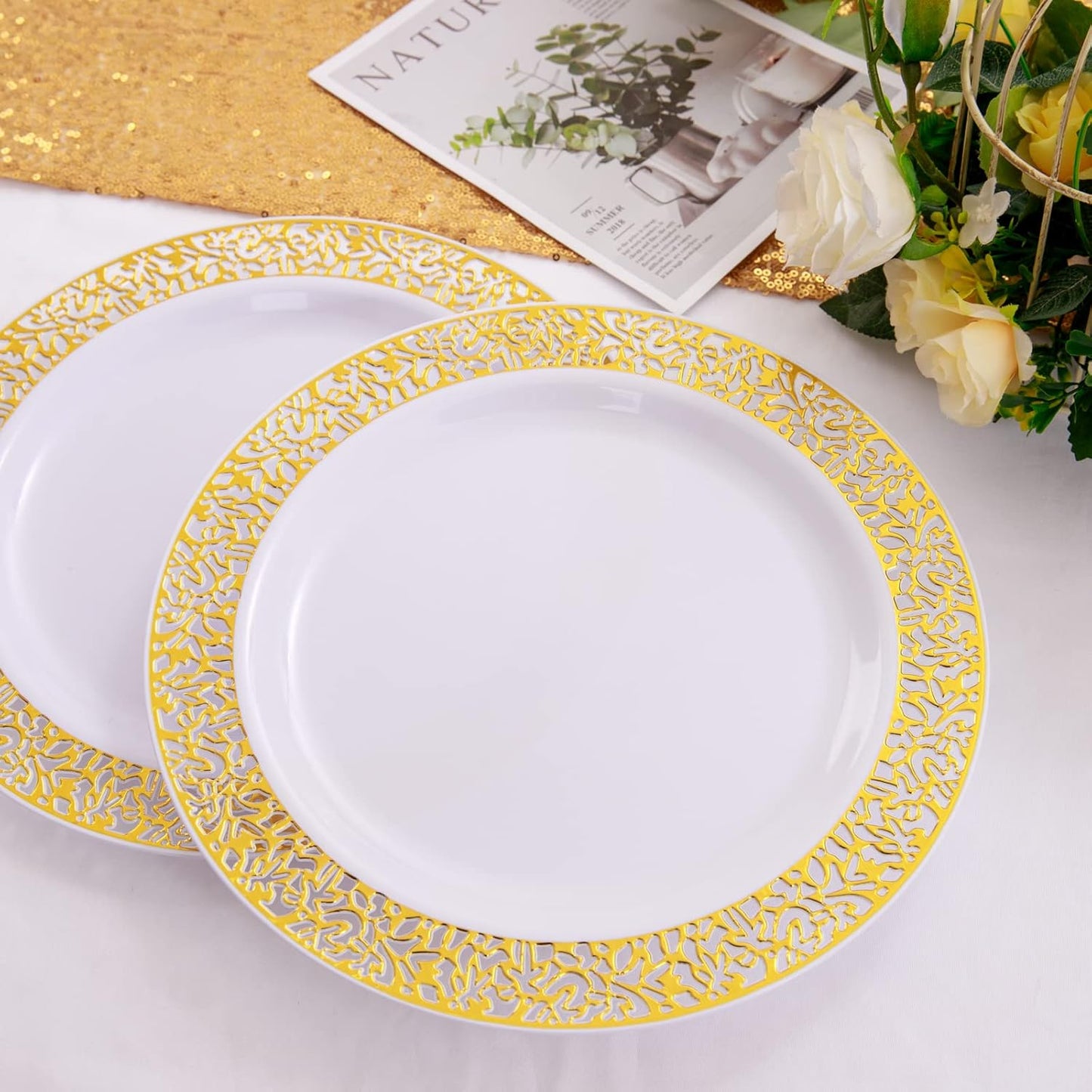supernal 100pcs Gold Plastic Plates, 10.25" White Plastic Dinner Plate, Gold Lace Plates Heavy Duty,Disposable Plate for Tableware Weddings Celebrations and Parties