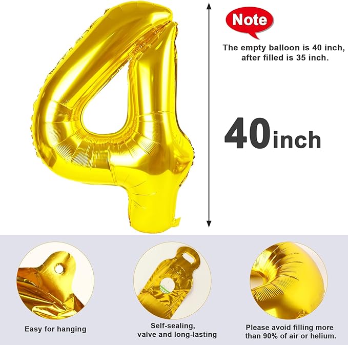 40 Inch Numbers Balloon, 4 Gold Ballon for 4th 14 40 44 Birthday Party, Balloon 4 Number for Graduations Wedding Party Baby Shower