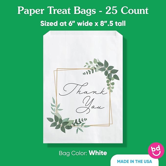 Boho Botanical Thank You Paper Treat Bags, Greenery Bridal Shower or Wedding Party Individual Candy Snack Favors, Greaseproof White Sandwich Cookie Bags - 25 Count