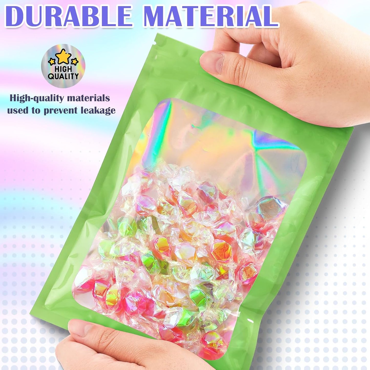 100 Pcs Mylar Bags, Smell Proof Bags Foil Pouch, Holographic Resealable Bags for Small Business, Candy Sample Jewelry Bag Sealable Packaging for Party Favor Food Storage (2.4x3.9in-Green)