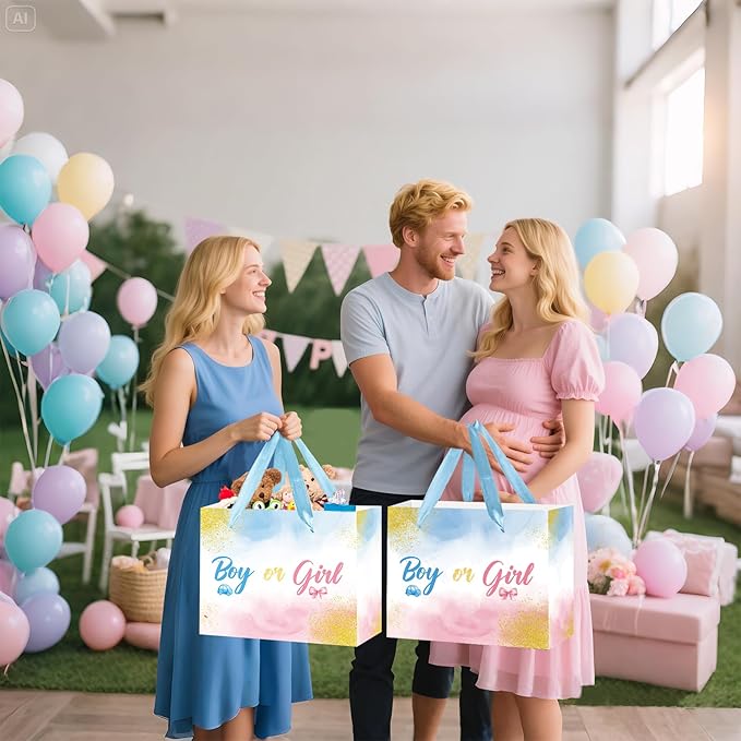 Gender Reveal Gift Bag Blue Pink Boy or Girl Paper Bag with Wrapping Paper Card What Will Baby Be Party Decoration Ink and Wash Treat Candy Bag for Baby Shower Gender Reveal Birthday Party Supplies