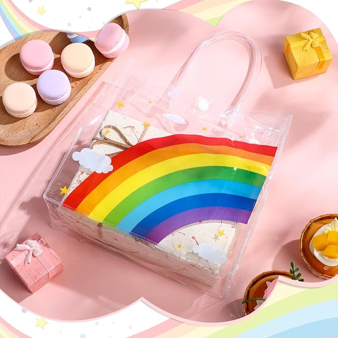 Aliceset 20 Pcs Clear Plastic Goodie Bags Party Treat Bags with Handles Rainbow Themed Favor Wrapping for Birthday Snack Candy Holiday Decoration Baby Shower Supplies, 8 x 8 x 3.15 Inch