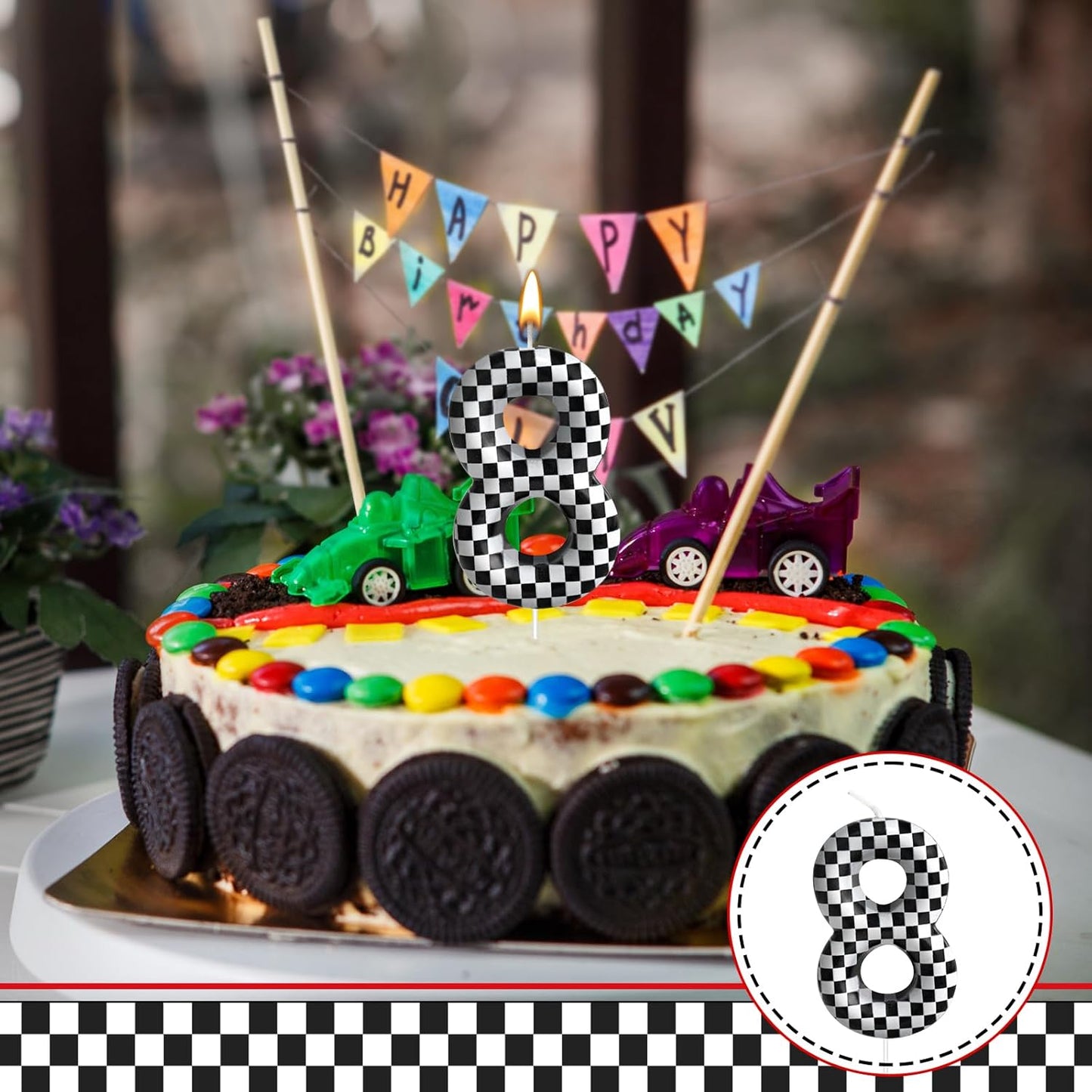 Racing Cars Themed Birthday Candle Number 8 Checkered Candle Birthday Party Decoration Cake Topper for Racing Car Party Decoration Theme Party Supplies (Number 8)