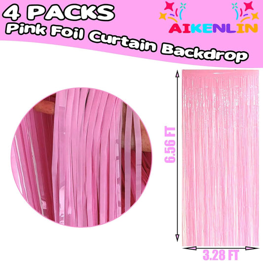 4 Pack 3.3Ft x 6.6Ft Pink Foil Fringe Curtain Backdrop, Metallic Tinsel Foil Fringe Streamers Curtains Background for Photo Booth, Birthday, Wedding, Valentine's Day Party Decoration