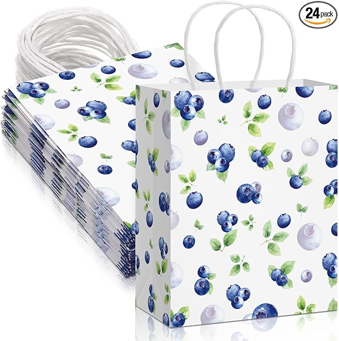 24 Pcs Blueberry Gift Bags Baby Shower Paper Gift Bags with Handles Summer Medium Watercolor Blueberry Party Favor for Birthday Baby Shower Summer Picnic Tea Party Favors Supplies