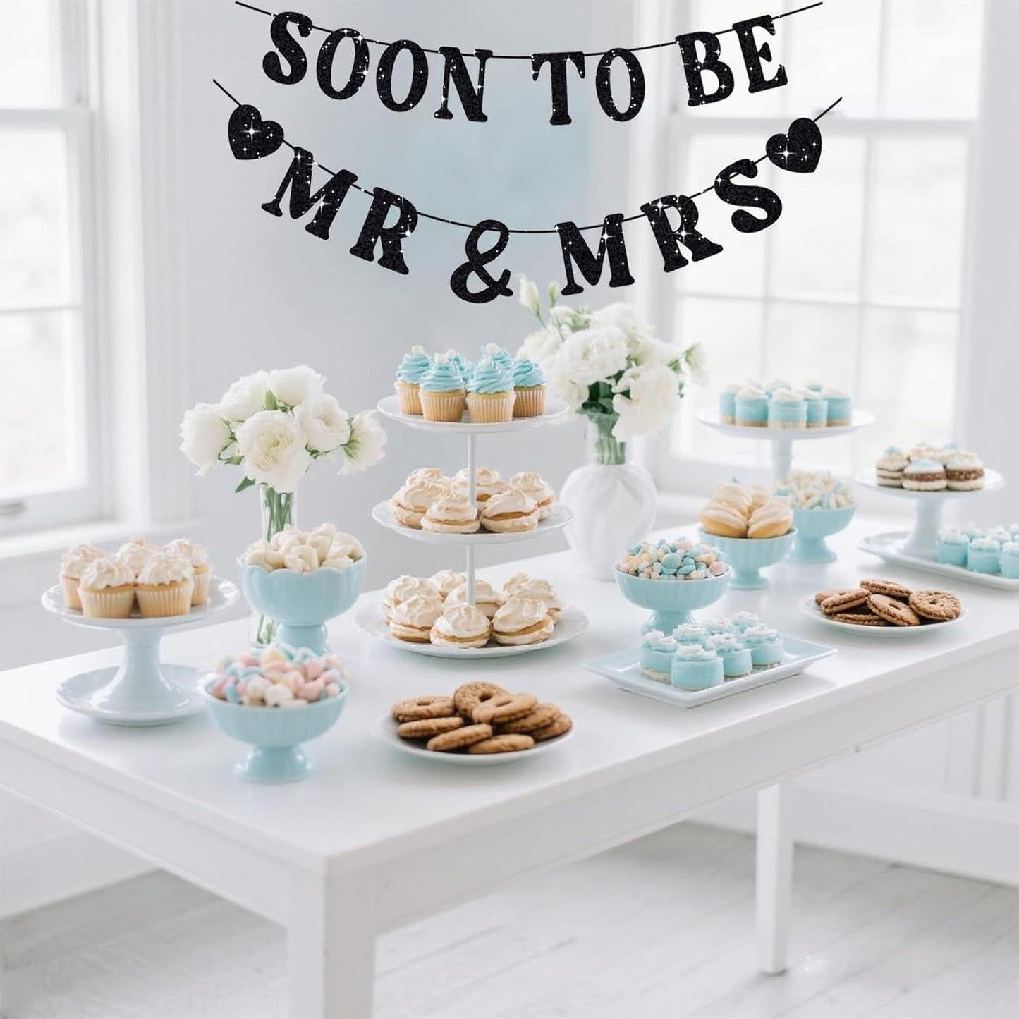 Soon To Be Mr & Mrs Sign, Bridal Shower Banner, Pre-Strung Black Glitter Wedding Shower Decorations, Couples Shower Decorations for Mantle Hanging Sign Engagement Banner
