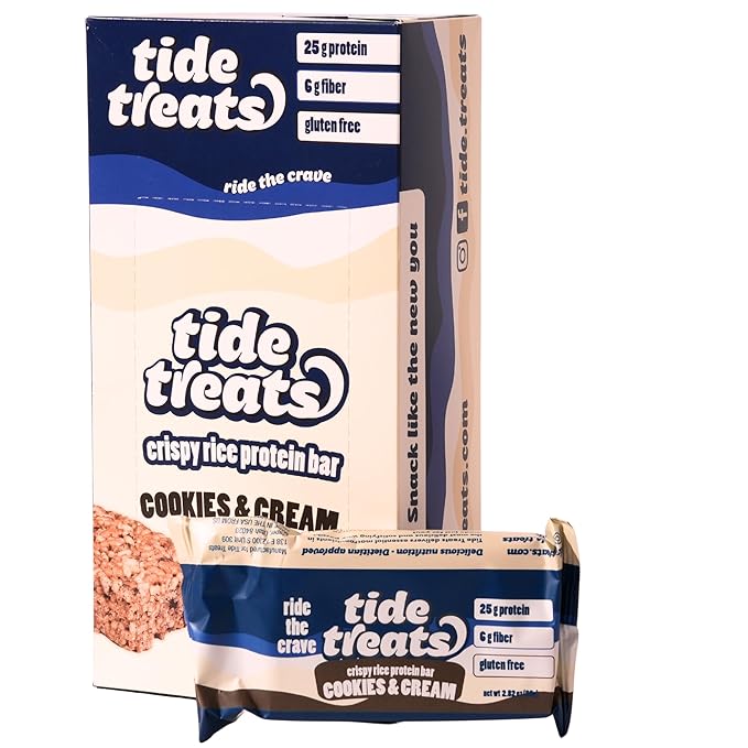 25g Protein Bar Crispy Rice Treat Cookies & Cream | Clean Ingredients, No Added Sugar, 7g Fiber, Gluten Free | High Protein Snack for On-the-Go, Post-Workout or Dessert Cravings | 8 Count | Tidetreats