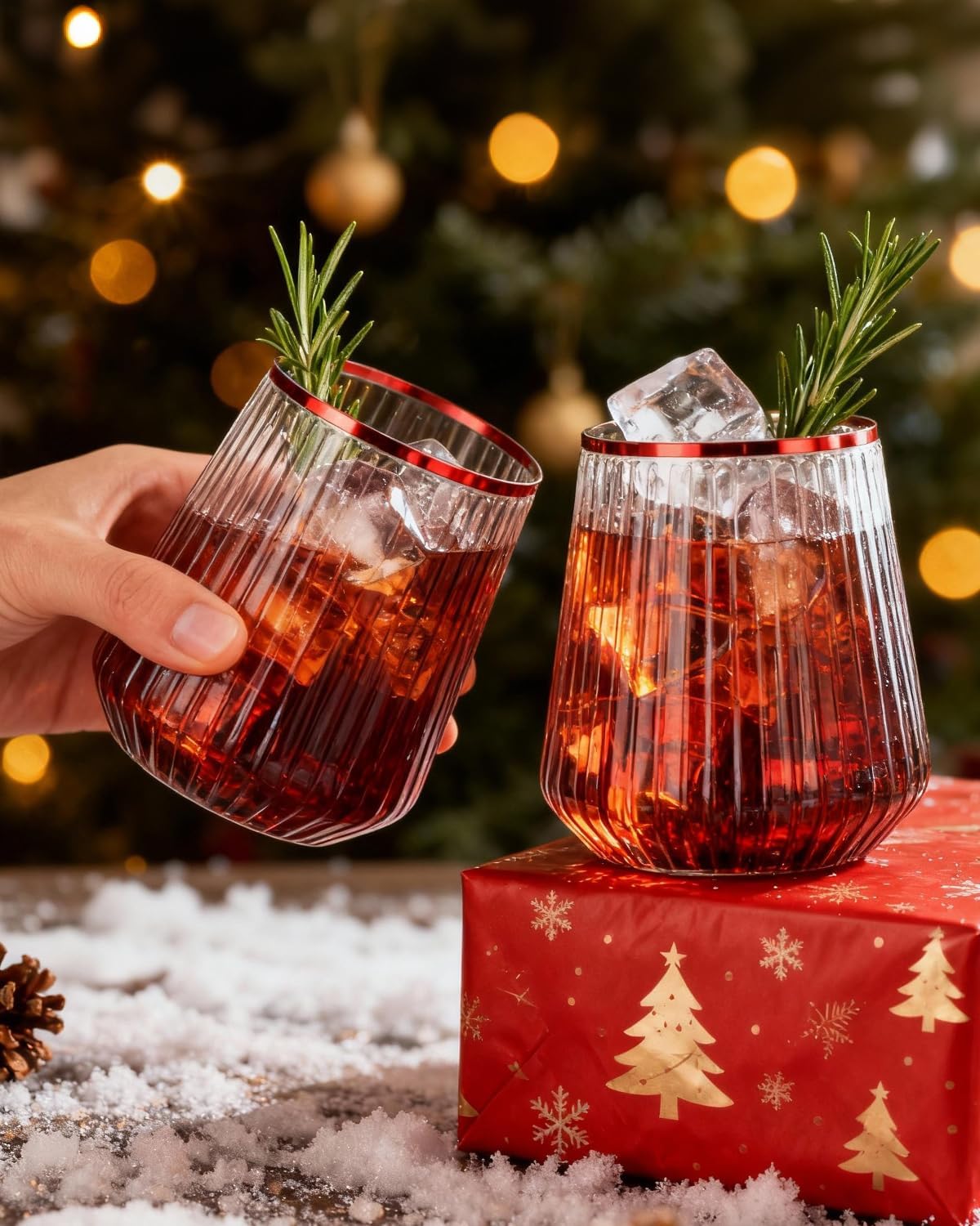 36 Pcs 12 oz Plastic Clear Red Rim Ribbed Wine Glasses, Disposable & Reusable Champagne Glasses Elegant Whiskey Glasses Ideal for Weddings, Bars, Christmas, Holidays, Pool Party, Daily Use
