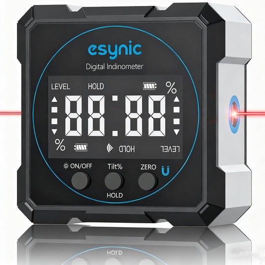 eSynic Portable Digital Angle Finder with Laser -IP54 Waterpoof 4 Sides Magnetic Digital Inclinometer -Auto Off Backlight LCD Display Rechargeable Angle Gauge for Construction (Laser Level: Class II)