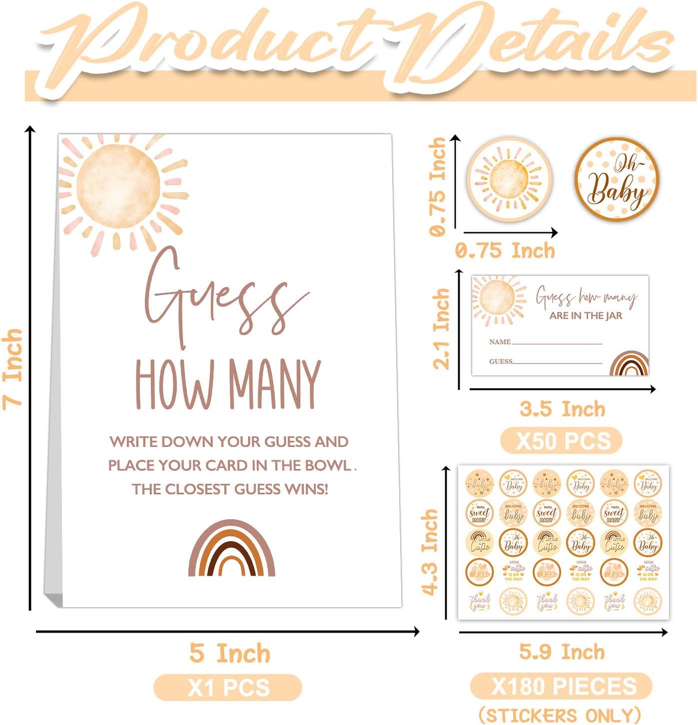 ALodr How Many Kisses Baby Shower Game Set - Boho Standing Sign, 50 Guessing Cards, 180 Kisses Stickers