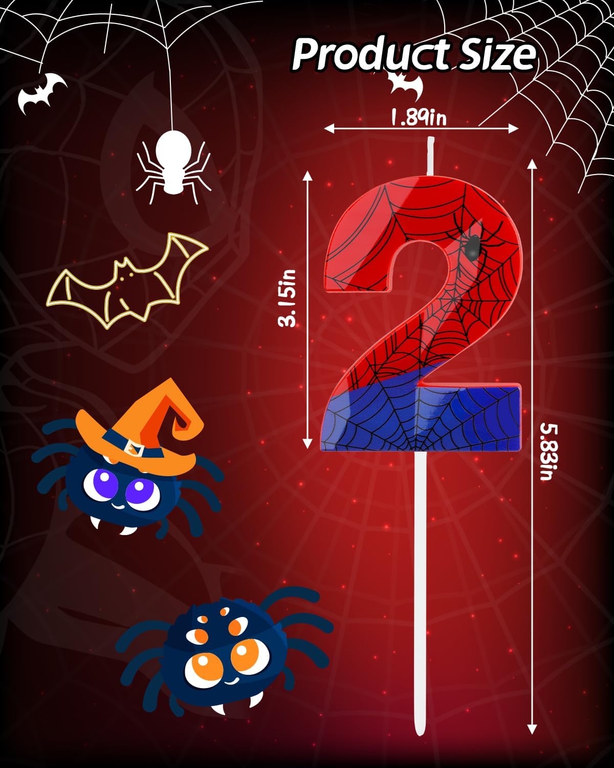 Number 2 Spider Themed Birthday Candle, 2.68 Inch Red Blue Spider Birthday Candles, Number Candles Birthday Cake Toppers Web Candles for Boy Girl Spider Party Decoration Supplies Halloween Party