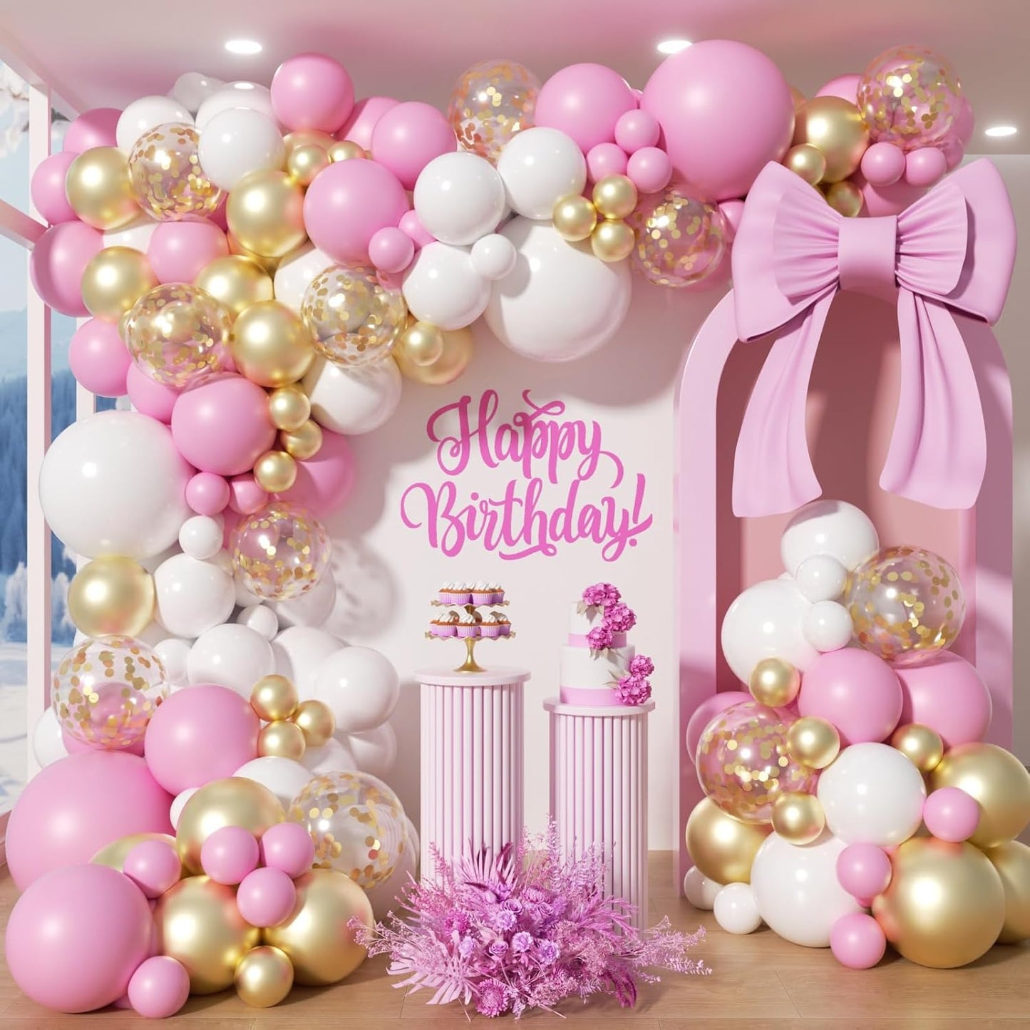 142Pcs Pink and White Balloon Garland Arch Kit - Pink and Gold White and Gold Confetti Balloons Different Size Balloons for Girls Birthday Baby Shower Wedding Bridal Shower Party Decorations