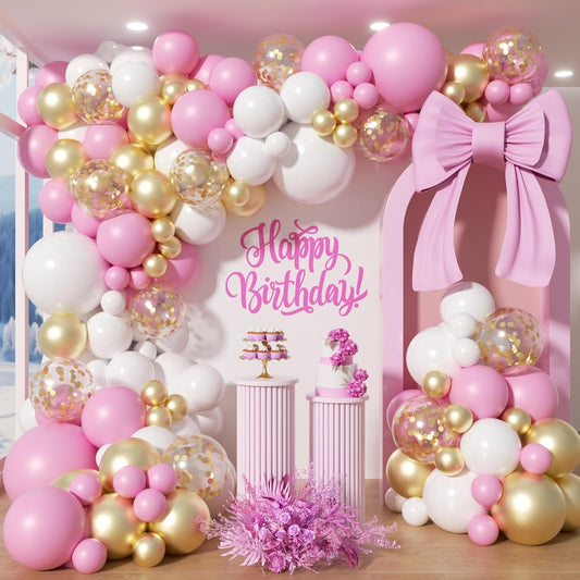 142Pcs Pink and White Balloon Garland Arch Kit - Pink and Gold White and Gold Confetti Balloons Different Size Balloons for Girls Birthday Baby Shower Wedding Bridal Shower Party Decorations