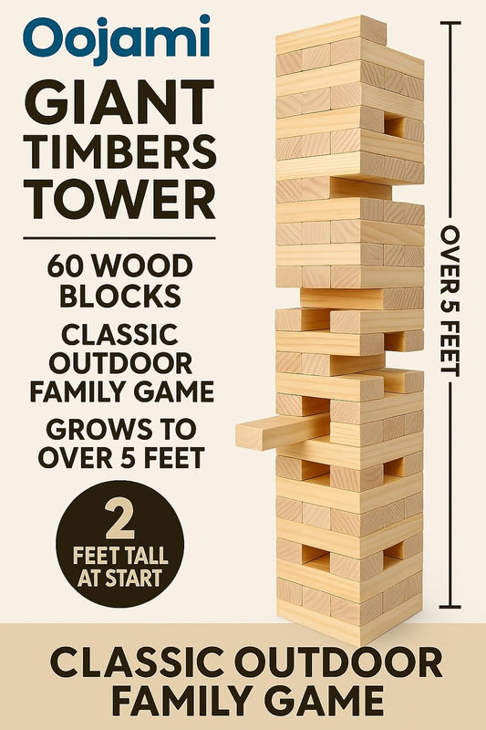 Oojami Giant Timbers Tower: Classic Outdoor Family Fun Stacking Game, 2 Feet Tall and can Grow to Over 5 Feet While Playing