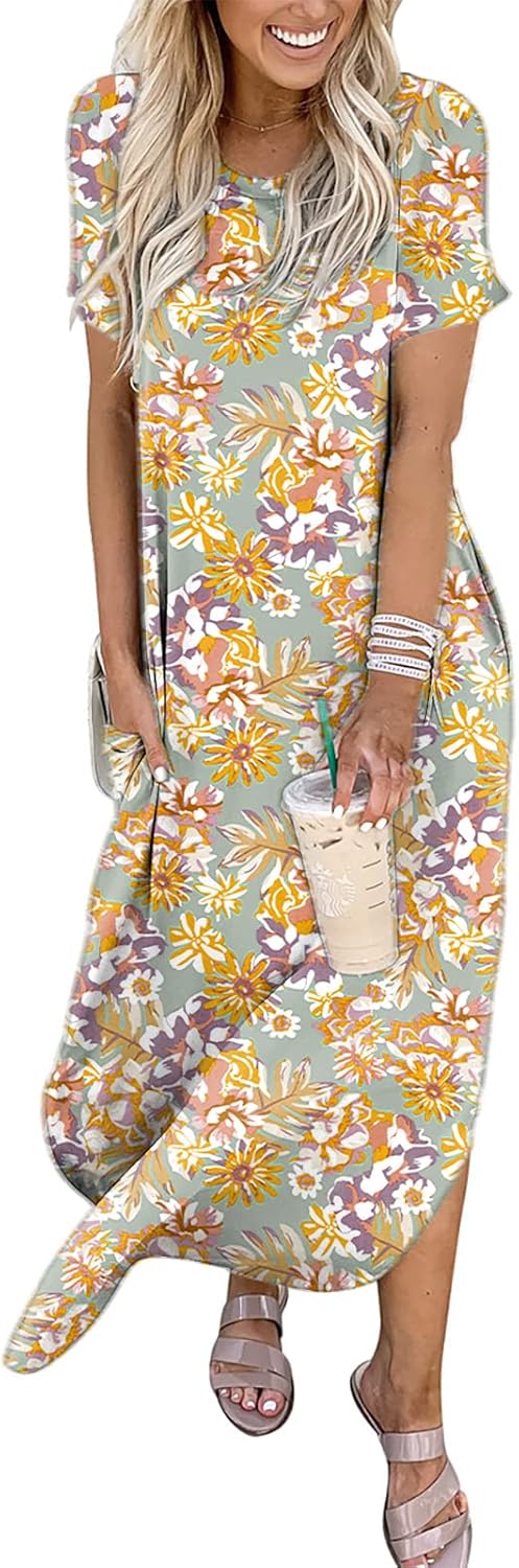 ANRABESS Womens Summer Maxi Dress Short Sleeve Casual Loose Long T Shirt Dresses Split Vacation Beach Sundress Travel Outfits