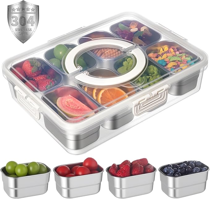 Stainless Steel Snackle Box Container with Lids and Handle, Dishwasher Safe - 8 Divider Portable Reusable Snacklebox,for Travel Beach for Charcuterie Veggie Fruit Candy