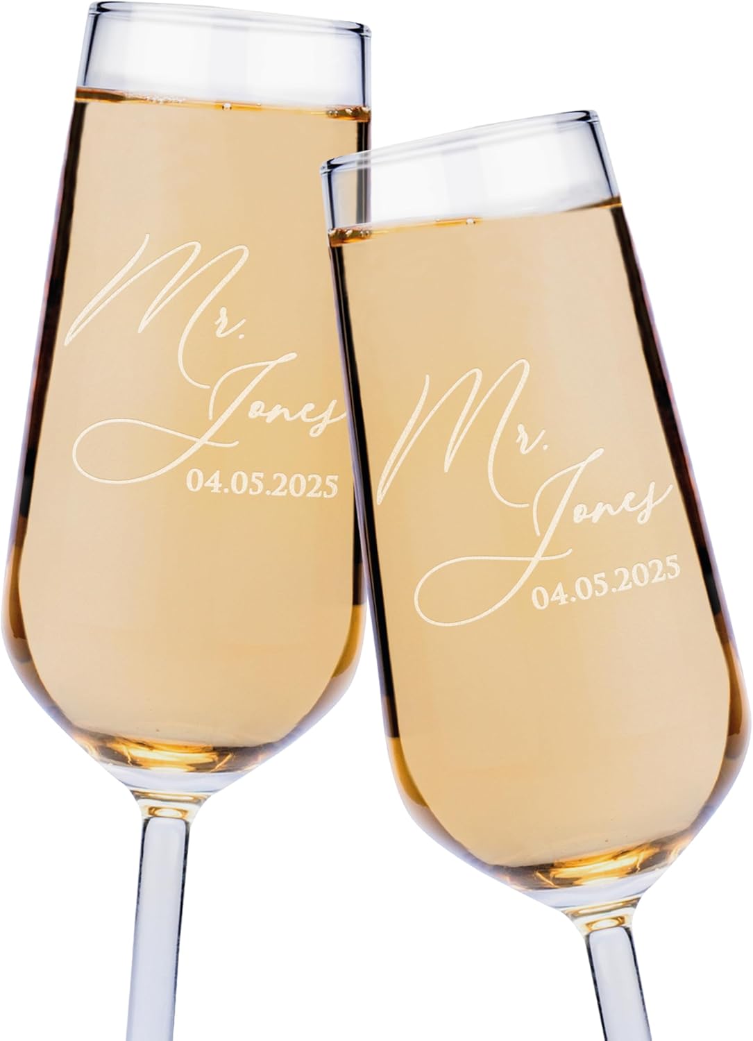 GIFTBYGIFTY Personalized Wedding Champagne Flutes for Bride and Groom- Set of 2, 7 oz, 2 Designs - Mr and Mrs Champagne Glasses for Engagement with Your Surname and Date - D2