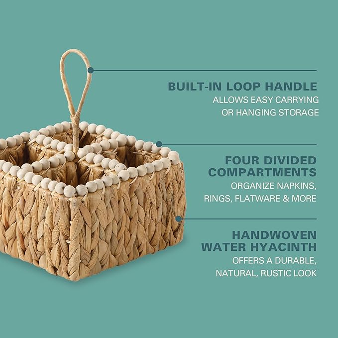 Gibson Home Riverrun Grove Woven Utensil Caddy with 4 Compartments, Natural Hand-Braided Water Hyacinth Basket with Wood-Bead Trim for Napkins, Cutlery, Condiments & Tabletop Storage