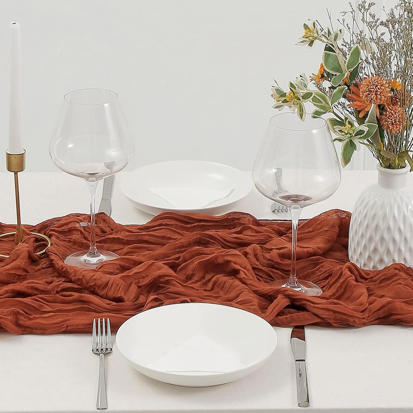 DOLOPL Thanksgiving Table Runner Fall Cheesecloth Table Runner 13.3ft for Thanksgiving Decorations, Rust Gauze Cheese Cloth Runner 160inch Long for Wedding Bridal Baby Shower Table Decorations