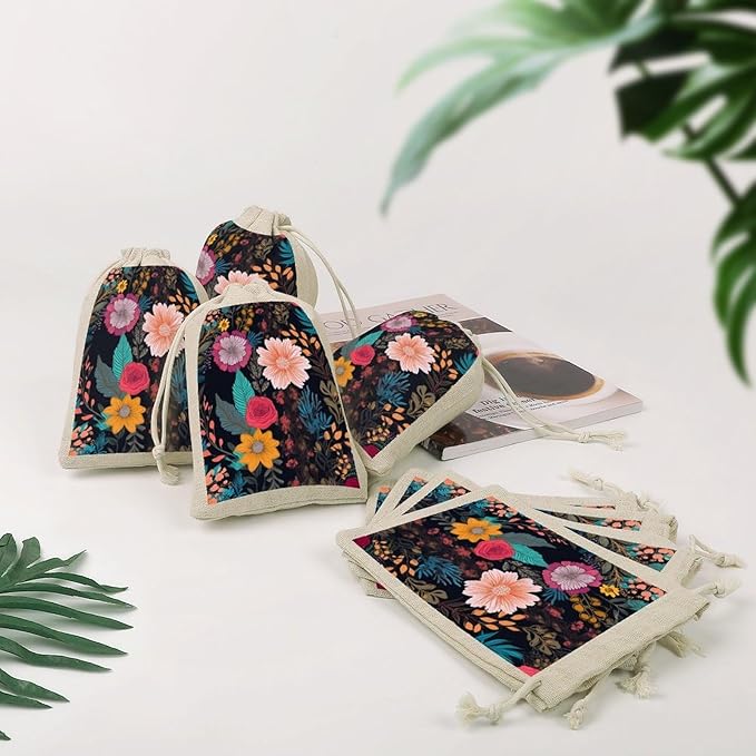 Colorful Boho Floral Drawstring Bag 8 Pcs Reusable Gift Bags Jewelry Pouch Christmas Gifts Candy Bags Portable Bunches Pocket For Party Favors Wrapping