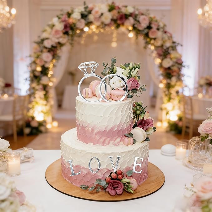 28 Pcs Silver Acrylic Wedding Cake Topper Personalized Diamond Ring and Alphabet A-Z Cake Picks for Marriage Engagement Anniversary Valentines Party Decorations Supplies