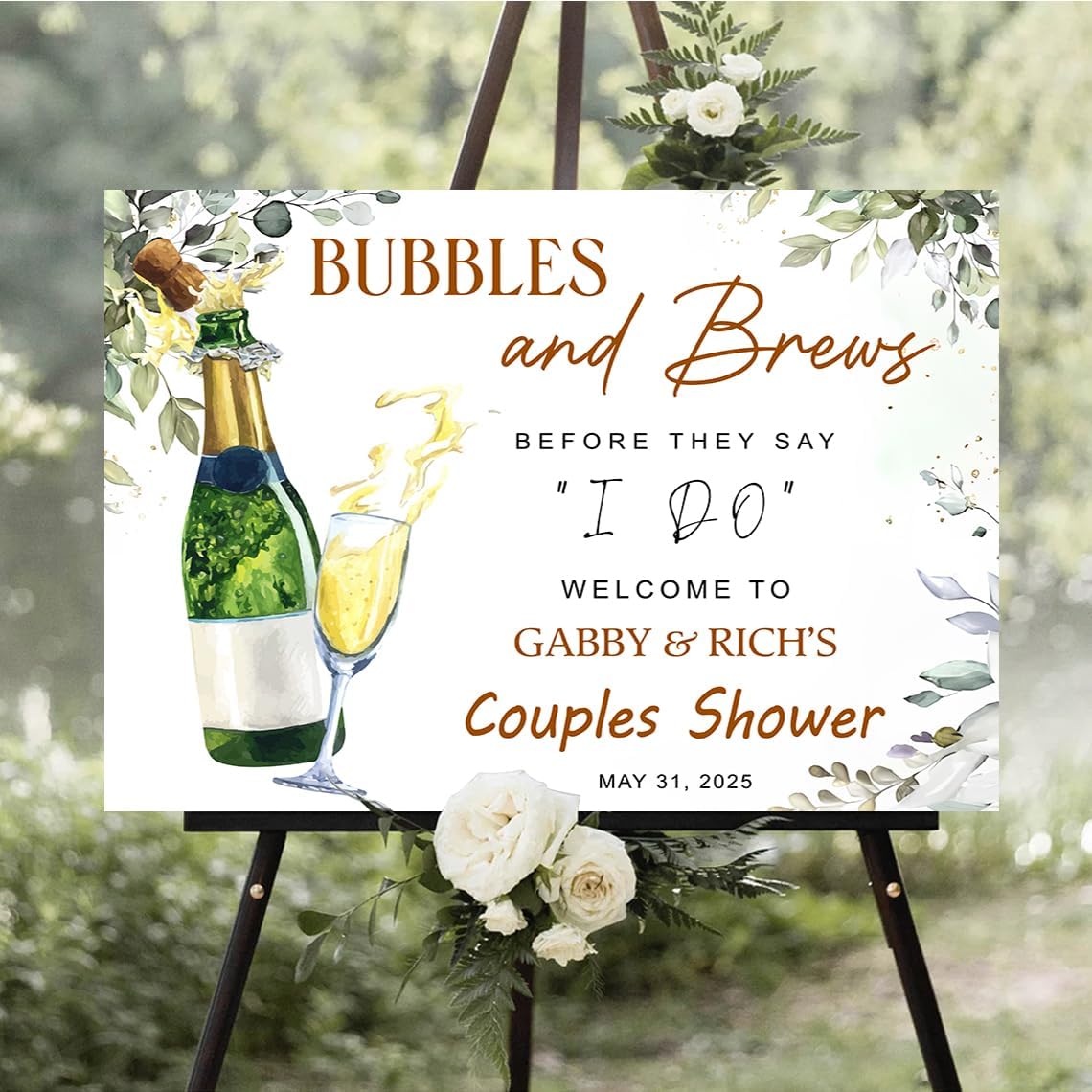 Personalized Greenery Eucalyptus Bubbles and Brews Couples Shower Welcome Sign, Gold Modern Minimalist Wedding Shower Bridal Party Decoration, Outdoor Plastic Sign Weatherproof #9