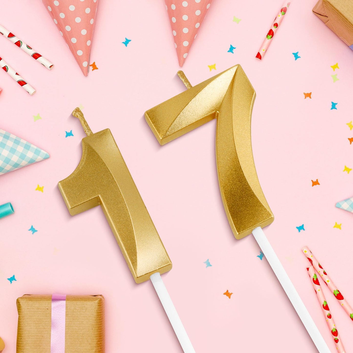 Birthday Candles, 1.96 Inch Number 17 Happy Birthday Candles, Number Candles Decoration for Birthday Party and Anniversary Celebration(Champagne Gold)