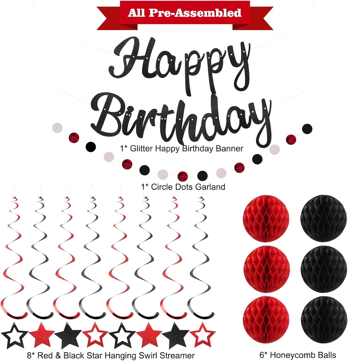 Birthday Decorations, NO DIY, Pre-Strung Happy Birthday Banner with Honeycomb Balls, Hanging Swirls, Circle Dots Garland, Happy Birthday Party Decorations for Women Men Boy Girl (Red&Black)