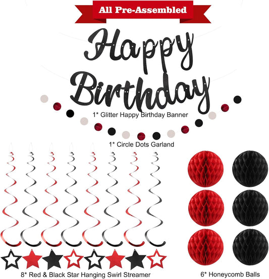 Birthday Decorations, NO DIY, Pre-Strung Happy Birthday Banner with Honeycomb Balls, Hanging Swirls, Circle Dots Garland, Happy Birthday Party Decorations for Women Men Boy Girl (Red&Black)