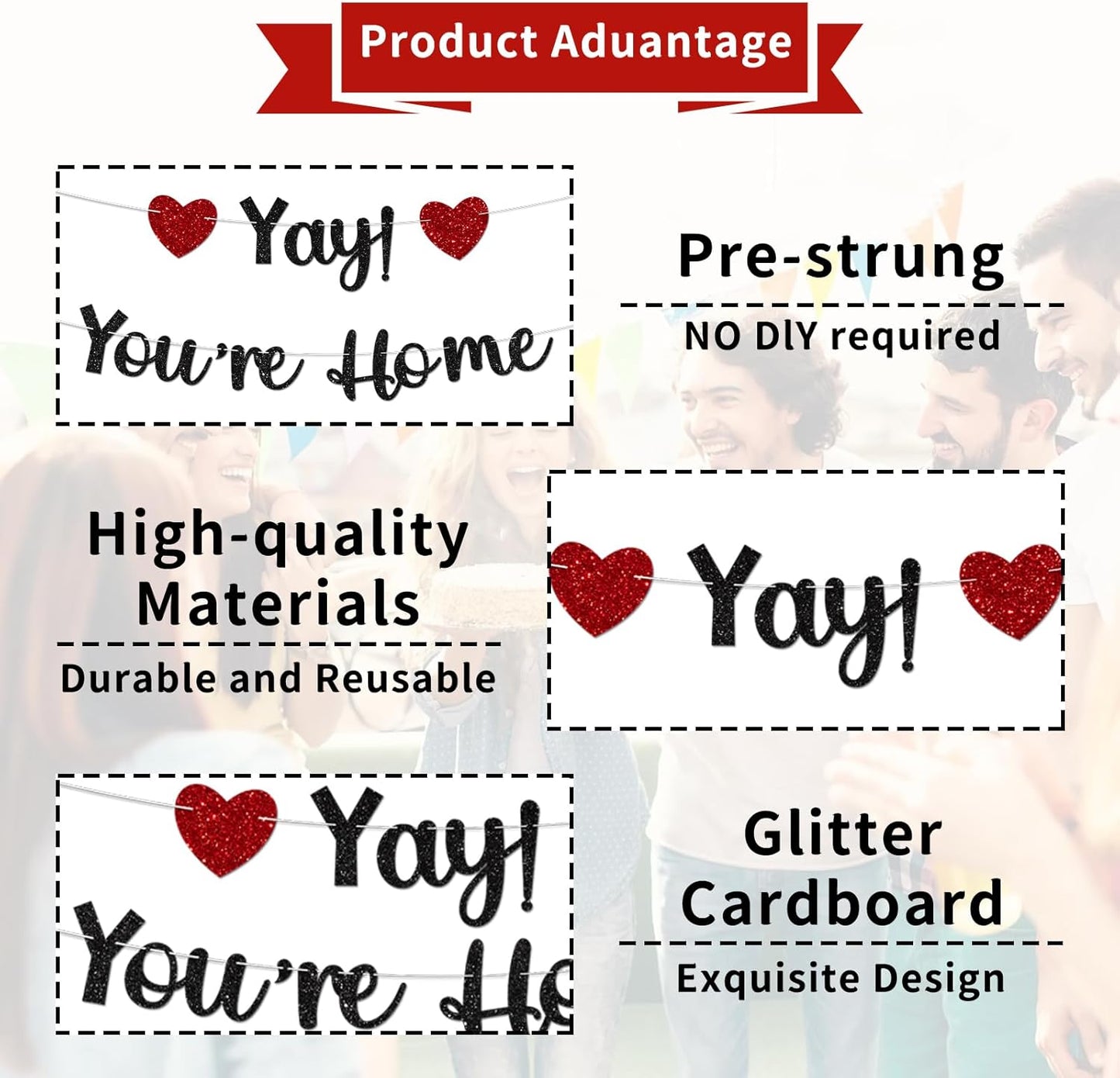 Black Glitter Welcome Home Banner, Yay! You're Home Banner for Welcome Back, Housewarming & Military Return Party Decorations & Decor, No DIY.