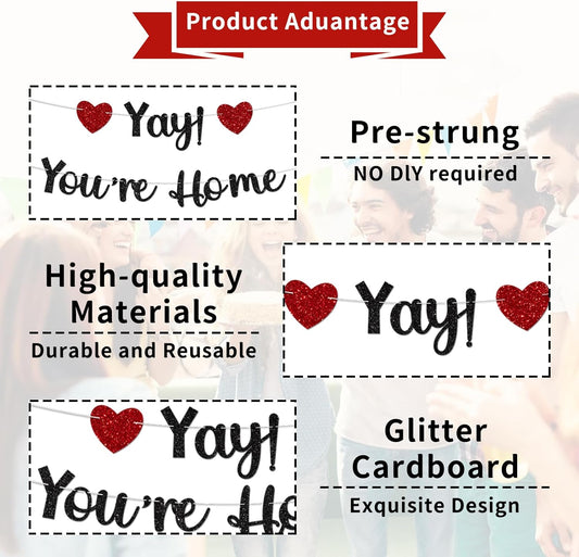 Black Glitter Welcome Home Banner, Yay! You're Home Banner for Welcome Back, Housewarming & Military Return Party Decorations & Decor, No DIY.