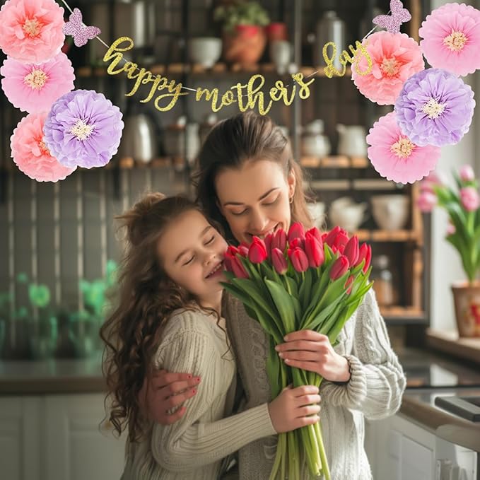 Mother’s Day Party Balloons Kit Decorations 16 inch Foil Balloon Set Happy Mother's Day Best Mom Balloon Set Decoration for Mother's Day (purple flower Banner set)