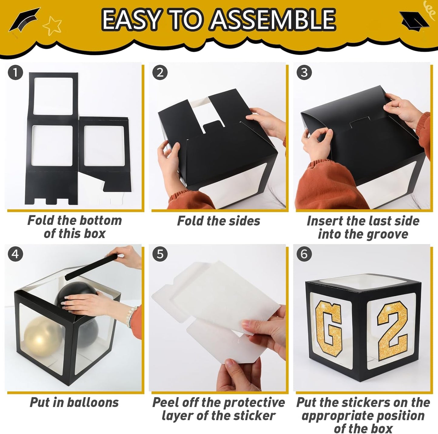 Graduation Decorations Class of 2025 - Black Gold Graduation Party Decorations include Balloon Boxes with Letters, Banner and Balloon Arch Kit for 2025 Grad Party Supplies Photo Backdrop