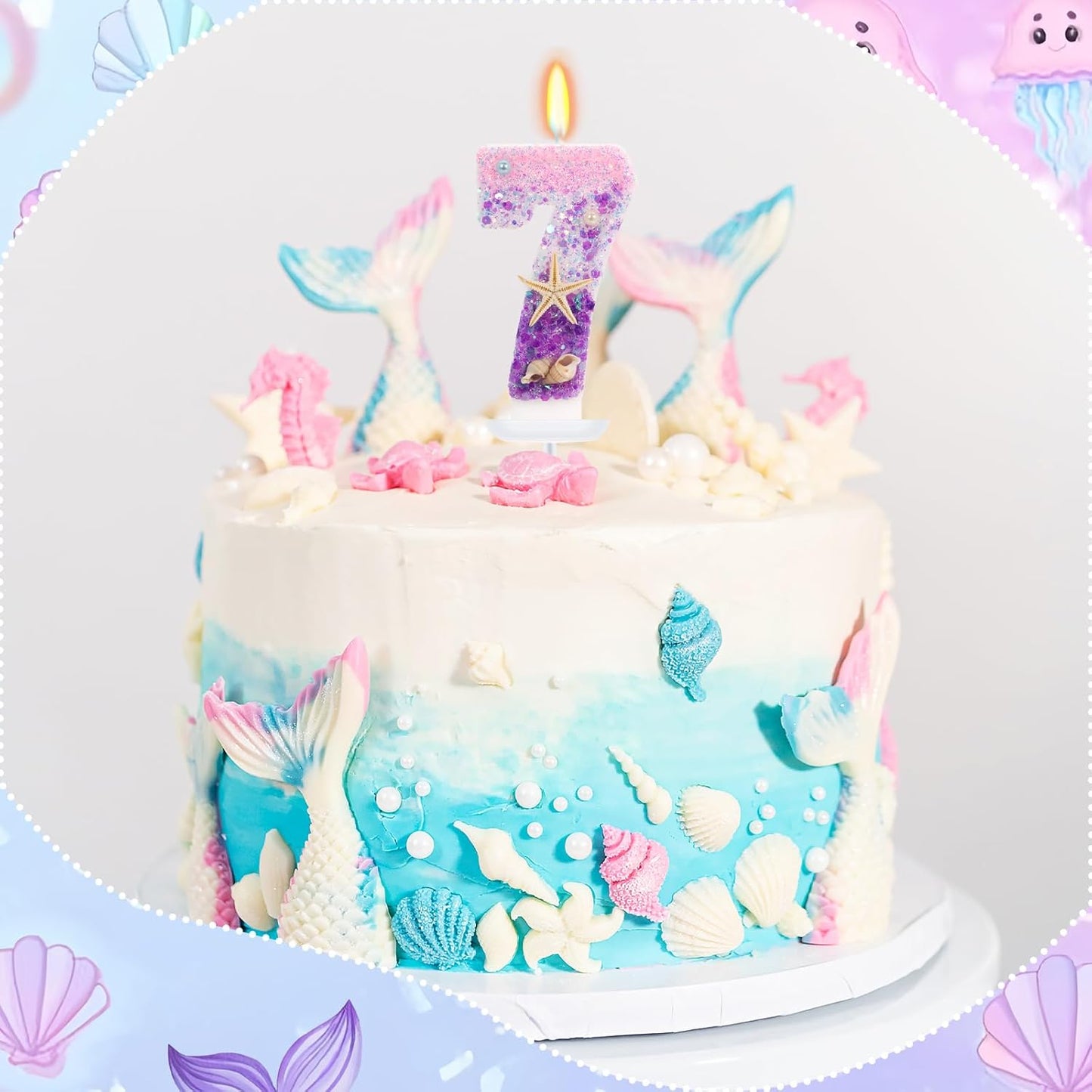 Purple Mermaid Party Number 7 Cake Candles, 2.76 inch Birthday Candle, Cake Topper Decoration for Birthday Party (Number 7)