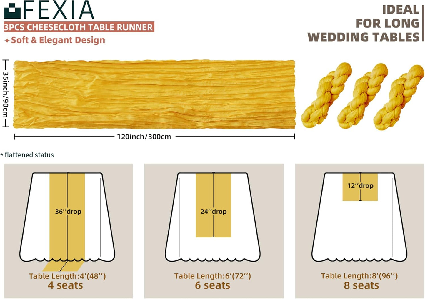 FEXIA 3 Pack Gold Table Runner 35x120 Inches for Summer Decor Baby Shower Decoration Gauze Rustic Table Runner for Wedding Party First Communion Centerpiece Engagement Bridal Shower Boho Decoration